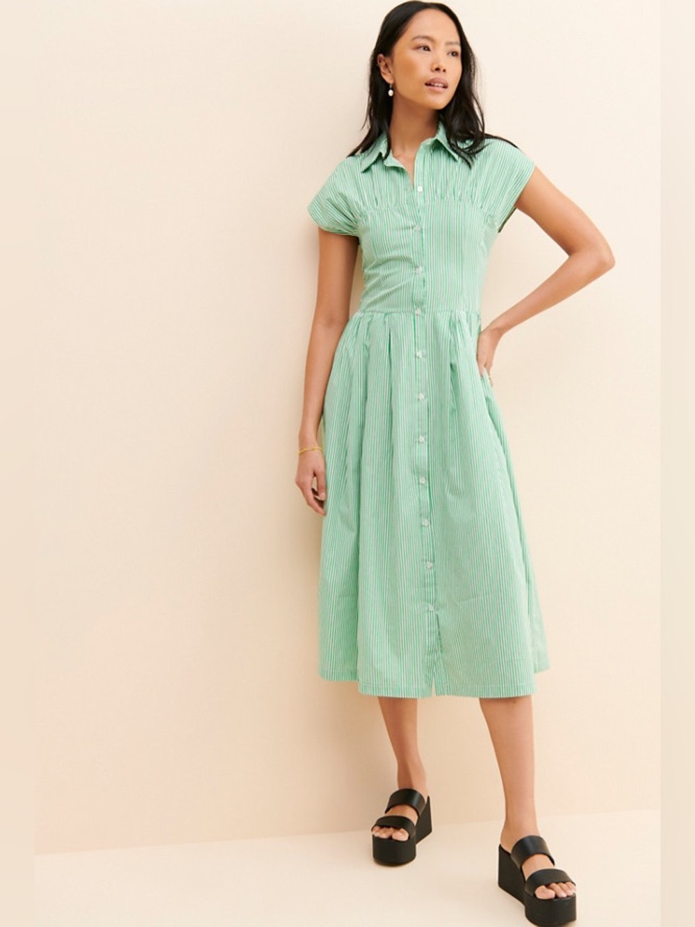 Lisa Says Gah - Green and White Striped Joan Midi Shirt Dress for Anthropologie